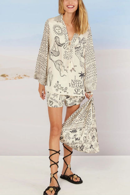 Set Camicia & Shorts con Stampa Marina – Stile Rilassato e Creativo